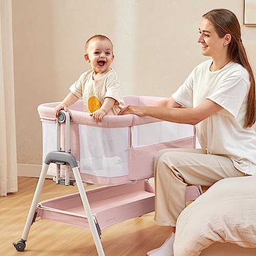 ANGELBLISS Baby Bassinet Bedside Sleeper, Easy Folding Portable Bassinet for Baby with Wheels, Adjustable Height, Included Mattress (Beige)
