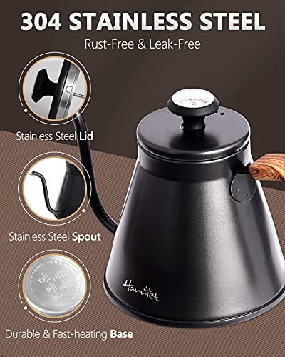 harriet Gooseneck Kettle, 37oz (1.1L) Pour Over Kettle with Built-in Thermometer Coffee Kettle with Anti-Hot Handle, Anti-Rust Stainless Steel with Flow Spout Design For Drip Coffee