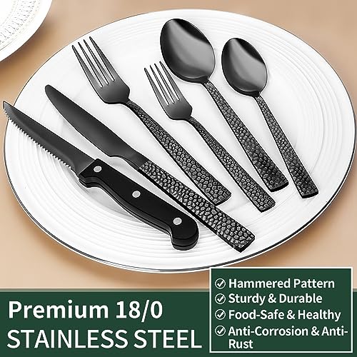 Black Hammered Silverware Set, 24-Piece Stainless Steel Square Flatware Set with Steak Knives for 4, Food-Grade Tableware Cutlery/Utensil Sets for Home Restaurant, Mirror Finish, Dishwasher Safe