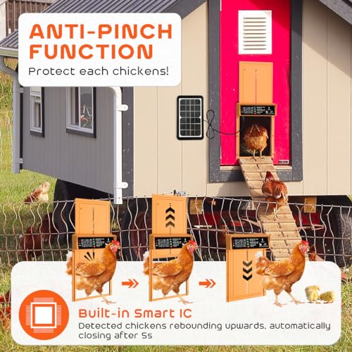 Asfrost Automatic Chicken Coop Door Solar Powered Automatic Chicken Door with Timer & Light Sensor, Anti-Pinch, Durable Aluminum Auto Chicken Door, Charge with Solar Panel & USB - Brown