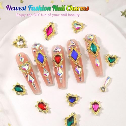qiipii 24pcs Pink Luxury Nail Charms +2000pcs Rhinestones 3D Big Nail Gems K9 Glass Nail Crystals Diamonds Jewelry Stones Alloy Nail Art Studs Decor Supplies Heart Charms for Arylic Nails DIY Crafts