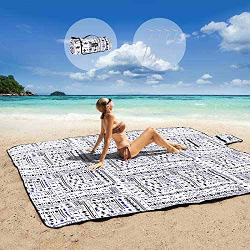 ZAZE Picnic Blankets Beach Blanket with Stakes, Thick 3-Layer Waterproof Sandproof 80 * 80 Oversized Mat, Foldable Extra Large Big, Machine Washable Accessories for Outdoor Camping Park (Black Blue)