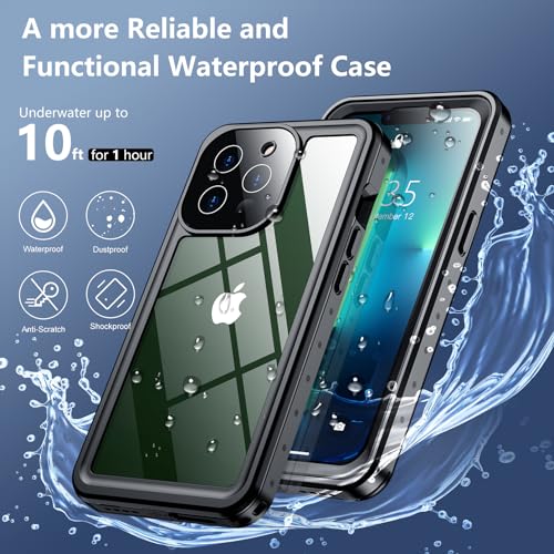 SPIDERCASE for iPhone 13 Pro Case Waterproof, Built-in Lens & Screen Protector, Full Heavy Duty Protection, 12FT Military Shockproof, Dustproof, Anti-Scratched Phone Case,Black/Clear