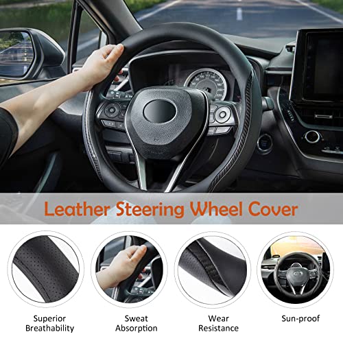 Muamos Car Steering Wheel Cover Beige, 14.5-15 inch Steering Wheel Covers with Coasters Microfiber Leather Carbon Fiber Breathable Anti-Slip Durable Universal Auto Steering Wheel Protective