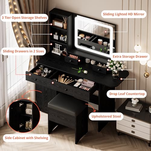 LIKIMIO Vanity Desk with Drawers & LED Lighted Mirror & Power Outlet & Cabinet, Storage Stool, Stylish Bedroom Makeup Table Set, Modern Black