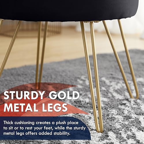 Ornavo Home Modern Round Velvet Storage Ottoman Foot Rest Stool/Seat with Gold Metal Legs & Tray Top Coffee Table - Black