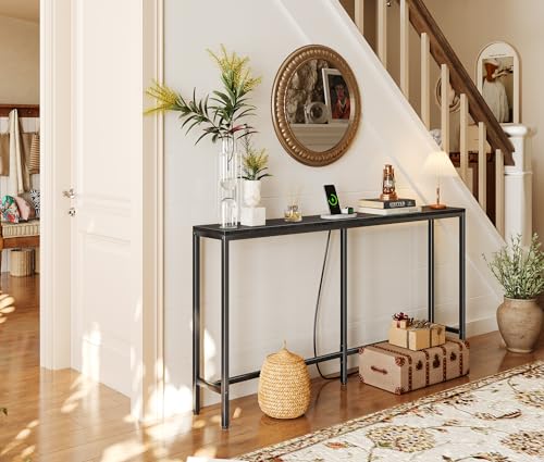 SUPERJARE Console Table with Outlet, 63 Inch Sofa Table with Charging Station, Narrow Entryway Table, Skinny Hallway Table, Behind Couch Table, for Living Room, Plants, Black