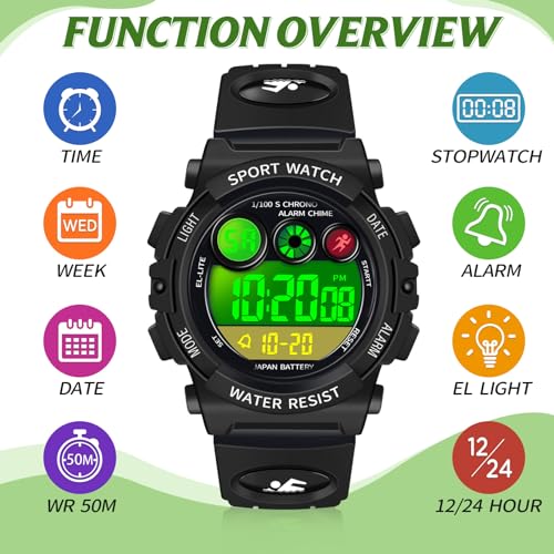 Dayllon Kids Watch Digital Outdoor Sport Waterproof Boys Watches 12/24H Alarm 7 Colorful Backlight Stopwatch Wristwatch for 3-15 Year Old Gift Black