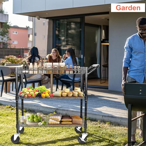 BolDuck Heavy Duty Utility Cart on Wheels,990Lbs Capacity 3 Tier Rolling Carts with Wheels,Kitchen Cart on Wheels with Storage,Commercial Grade Metal Serving Cart with Wire Shelving &Handle Bar,Black