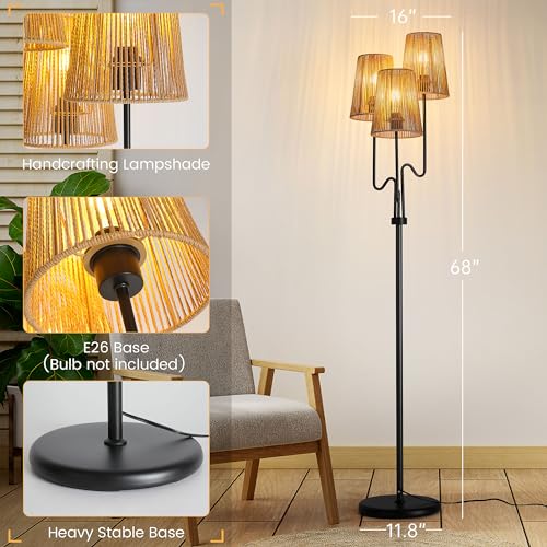 Rattan Floor Lamp, 68in. Boho Floor Lamps with Natural Shade, 3-Light Tree Lamp for Coastal, Beach or Bohemian Style Decor, E26 Socket, On/Off Footswitch Lamp for Living room, Bedroom (Bohemian-Black)