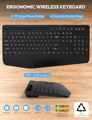 SABLUTE Wireless Keyboard and Mouse, Wrist Rest, Large Print, Phone Holder, 2.4G Ergonomic Keyboards Mouse Combo, Silent Cordless High Contrast Set for Low Vision and The Elderly, Battery Powered