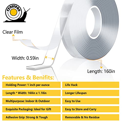 CZoffpro Double Sided Mounting Tape Heavy Duty Nano Tape Hat Picture Hanging Strips Two Sided Tape Double Stick Wall Poster Tape 0.59in x 160in