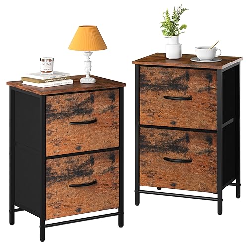 Yoobure Night Stand Set 2, Nightstand with 2 Fabric Drawers, Small Wood Nightstands for Bedroom, Bedside Tables with Drawers for Small Spaces, Large Storage Drawers Dresser for Dorm Bed Side Table