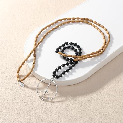 KELITCH Classic Peace Sign Necklace Love Hippie Pendant Frosted Crystal Beaded Necklace (Grey White)