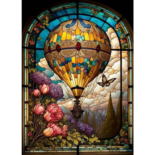 hkejoi Hot Air Balloon Diamond Painting Kits for Adults,Stained Glass Diamond Art Kits for Adults,Hot Air Balloon Gem Art Kits for Home Wall Decor 12x16 inch