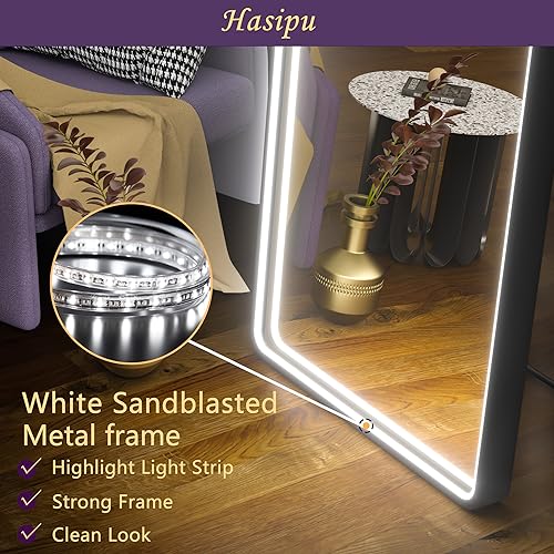 Hasipu Full Length Mirror with Lights, 71" x 24" LED Lighted Floor Standing Mirror, Full Body Dressing Hanging Mounted Mirror, Dimmable, Tempered Glass, Safe to Use, Square White