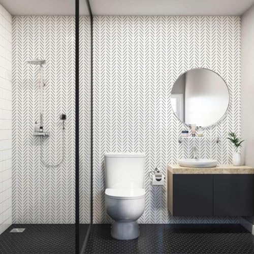 Erfoni Black and White Peel and Stick Wallpaper Modern Herringbone Contact Paper Bathroom 17.7inch x 78.7inch Geometric Removable Wall Paper Peel and Stick Self Adhesive Contact Paper