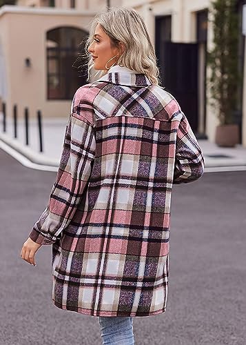 HOTOUCH Womens Flannel Plaid Shacket Jacket Casual Lapel Button Down Tartan Trench Coat Long Sleeve Shirts with Pockets Wine Red