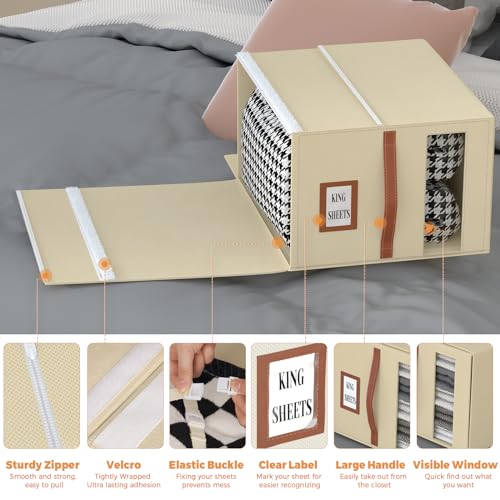 2 Pack Bed Sheet Organizer and Storage, 2 IN 1 Large Storage Bins for Linen Closet (Queen or King Size) - Sheetcube Foldable Storage Containers for Organizing Clothing, Bedding, Duvet Covers - Beige