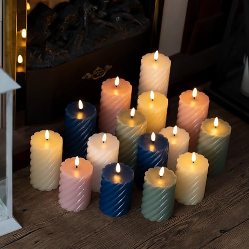 Yongmao Flameless Candles with Remote, Ivory LED Battery Operated Spiral Real Wax Pillar Candles Warm Light 3D Wick Flickering with Remote for Home Party Decor D 3" H 4" 5" 6"(Set of 3)