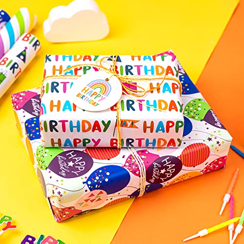 WRAPAHOLIC Birthday Wrapping Paper Roll - Mini Roll - 3 Rolls - 17 Inch X 120 Inch Per Roll - Happy Birthday Lettering and Stripe for Kid's Birthday, Baby Shower