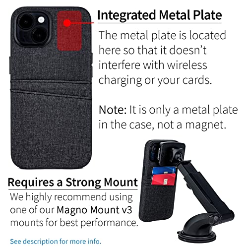 Dockem iPhone 14 Card Case with Built-in Metal Plate for Magnetic Mounting & 2 Card Holder Pockets: Luxe M2 Wallet, Canvas Style Synthetic Leather (iPhone 14, Black)