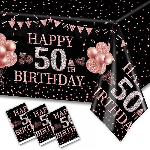 3Pcs Rose Gold 50th Birthday Tablecloths-Happy 50 Birthday Party Supplies for Women Rose Gold Disposable Rectangular Plastic Table Covers