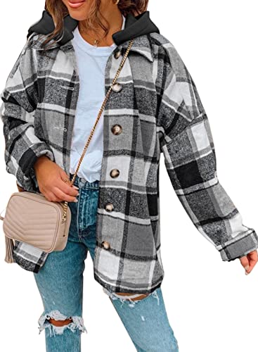 EVALESS Womens Fall Hooded Flannel Shirt 2023 Fashion Casual Plaid Flannel Fleece Shacket Jacket Oversized Button Down Long Sleeve Hoodie Coat,Yellow M