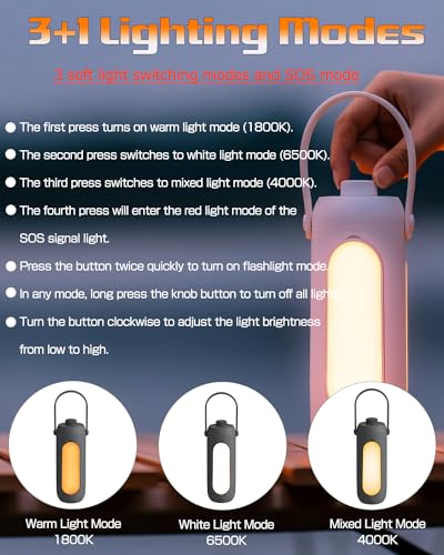 Foldable Camping Light Rechargeable Lantern, Portable Flashlight, 10000mAh Power Bank, IP54 Waterproof, 5 Modes, Multifunctional Led Tent Light for Fishing, Camping, Hiking (White)