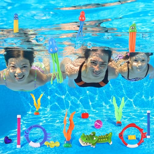 Woplagyreat Summer Pool Diving Swimming Toys for Kids, Fun Swim Games Sinking Set, Underwater Dive Gifts with Storage Bag Include Torpedo Gems Shark Rings Sea Animals for Boys Girls Toddlers 20 Packs