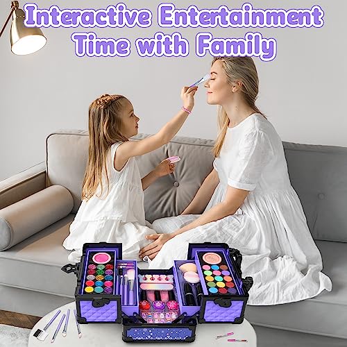 Hollyhi 62Pcs Kids Makeup Kit for Girl, Washable Play Makeup Toys Set for Dress Up, Beauty Vanity Set with Cosmetic Case Birthday Toys for Girls 3 4 5 6 7 8 9 10 11 12 Year Old Kids Toddlers (Purple)