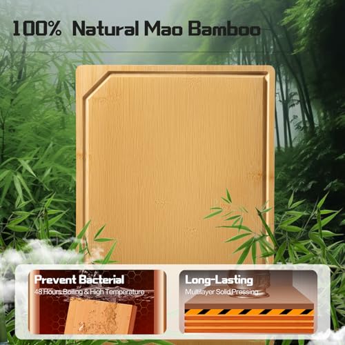 THETCHRY Organic Bamboo Cutting Board Set of 3-Large Wood Cutting Board SET for Kitchen,Wooden Chopping Boards with Juice Grooves & Built in Side Handles