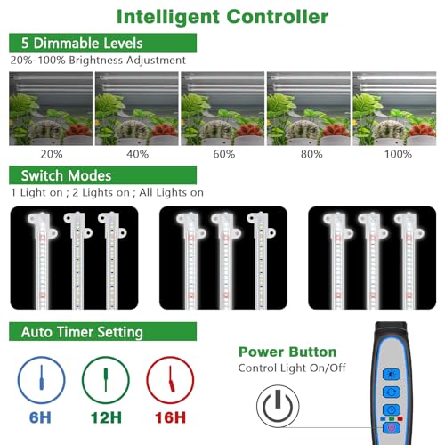 Wiaxulay LED Plant Grow Light Strips, 6000K White Grow Lights for Indoor Plants Full Spectrum, 3 Bars/16 in Grow Lamp with 6/12/16 Hrs Timer, 5 Brightness for Green House, Hydroponics, Seed Starting