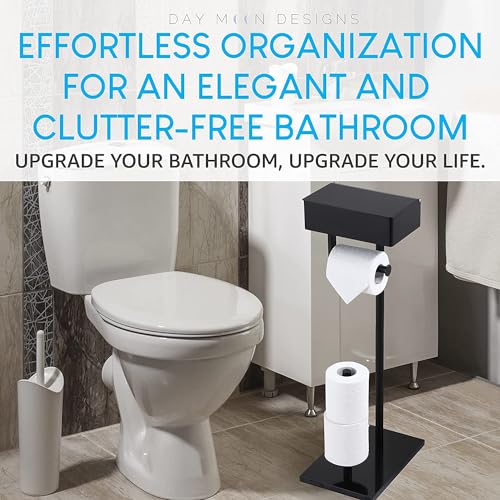 Day Moon™ Matte Black Toilet Paper Holder Free Standing Toilet Paper Holder with Storage - Toilet Paper Stand and Tissue Holder for Bathroom - Toilet Paper Holder with Shelf and Wipe Holder