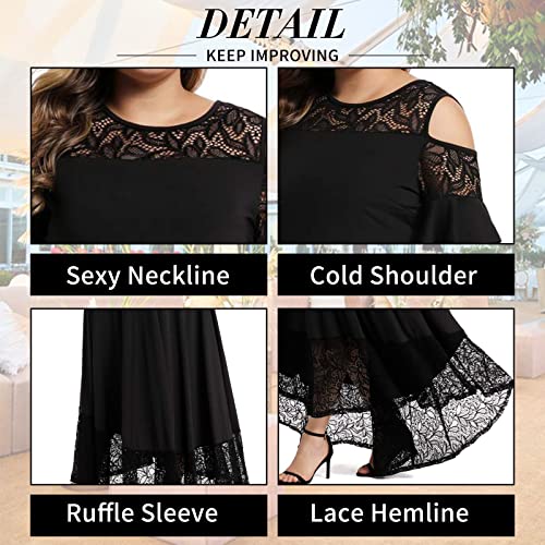 LALAGEN Womens Plus Size Casual Lace Cold Shoulder Long Plain Evening Party Maxi Dress Black 1X