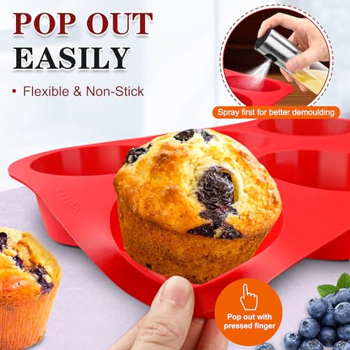 Walfos Silicone Texas Muffin Pan - 6 Cup Jumbo Silicone Cupcake Pan, Non-Stick Silicone, Just PoP Out! Perfect for Egg Muffin, Big Cupcake - BPA Free and Dishwasher Safe