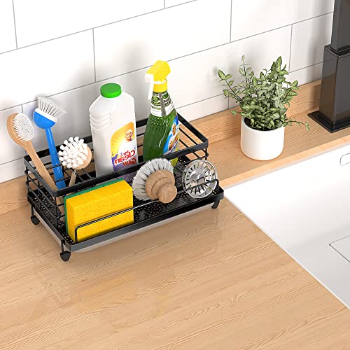 Cisily Sponge Holder , Caddy Organizer, Sink Accessories with Drip Tray, Rustproof and Non-slip , Kitchen Essentials for New Home（Matte Black