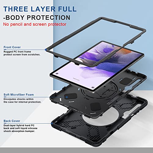 SUPFIVES Case for Samsung Galaxy Tab S7 FE/ S8 Plus 12.4 Inch: [Upgraded Military Grade] Full-Body Rugged Protective Soft Silicone Cover - Kick Stand- Handle/Shoulder Strap- S Pen Holder- Black
