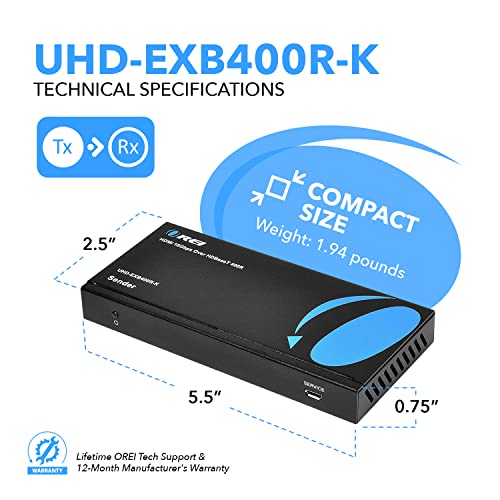 OREI 4K HDMI Extender Balun HDBaseT UltraHD 4K,60Hz 4:4:4 Over Single CAT5e/6/7 Cable with HDR, CEC & IR Control, RS-232 - Up to 400 Ft - Loop Out - Power Over Cable - Audio Out