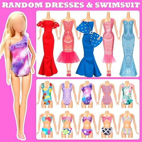 58 Pcs Doll Clothes and Accessories, 5 Wedding Gowns 5 Fashion Dresses 4 Slip Dresses 3 Tops 3 Pants 3 Bikini Swimsuits 20 Shoes for 11.5 inch Doll Christmas Stocking Stuffers Girls Gift Age 5-7 8-10