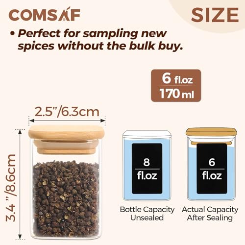 ComSaf Spice Jar with Bamboo Lid Sample Set, Glass Spice Jars Sample Sack, include 4oz, 6oz, 8oz, 10oz Square Seasoning Jars, Perfect for figuring out the ideal size.