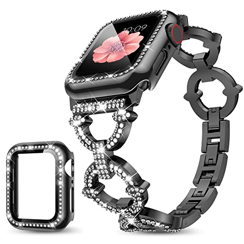 Mesime Compatible with Apple Watch Band 38mm 40mm 41mm 42mm 44mm 45mm , Women Girl Bling Diamond Jewelry Metal Strap Bands with Crystal Tempered Glass Screen Protector Case, Round Shiny Bracelet