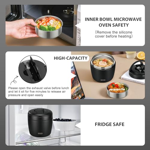 wiwens Thermo Food Jar for Hot Food Adults 32OZ Soup Thermo Lunch Containers Wide Mouth Vacuum Insulated Stainless Steel Leakproof Bento Box with Spoon (Black)