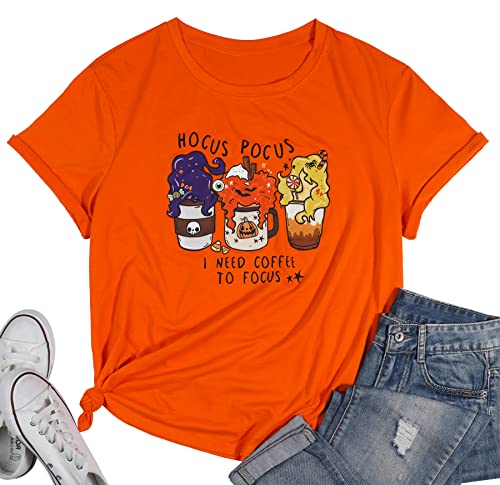 Women Plus Size Hocus Pocus Shirts Sanderson Sisters Graphic Tshirt Halloween Movie Short Sleeve Tee Tops Orange