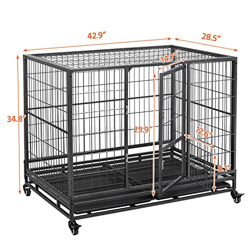 Yaheetech 42-inch Dog Crate Heavy Duty Metal Dog Crate for The House Indoor Dog Kennel for Small/Medium/Large Dogs w/Double Doors & Locks & Double Tray & Lockable Wheels Pet Cage Black