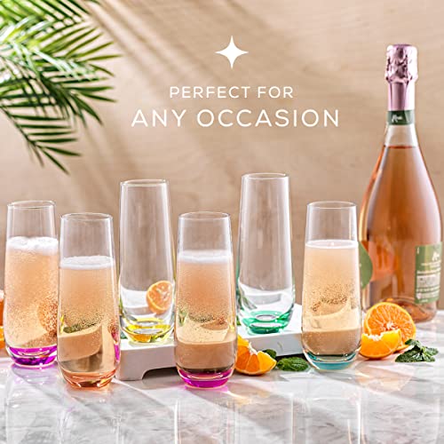 JoyJolt HUE Stemless Champagne Flutes Set of 6 Colored Glasses. 9.4oz Champagne Glasses. Prosecco Wine Flute, Mimosa Glasses Set, Cocktail Glass Set, Stemless Glasses, Crystal Glasses, Bar Glassware