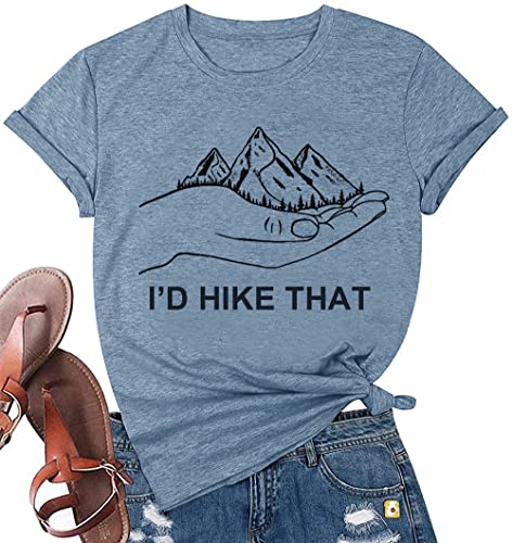 Women Hiking Mountain Graphic Shirt Funny Hand I'd Hike That Letter Short Sleeve Adventure Workout Athletic Tee Camping Top,Ink Blue S