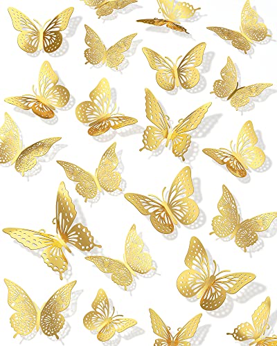 72Pcs 3D Butterfly Wall Decor, Gold Butterfly Fathers Day Decorations, 3 Styles 3 Sizes Removable Butterfly Room Decor Butterfly Wall Stickers for Birthday Party Garden Tea Cake Flower Decorations