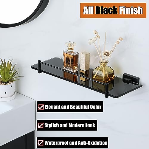 Alise Bathroom Shelves Glass Shelf with Guard Bar Wall Mount,Floating Shelves for Bathroom,SUS 304 Stainless Steel Tempered Glass Rack Holder Storage Organizer,GOY380X130-B Black