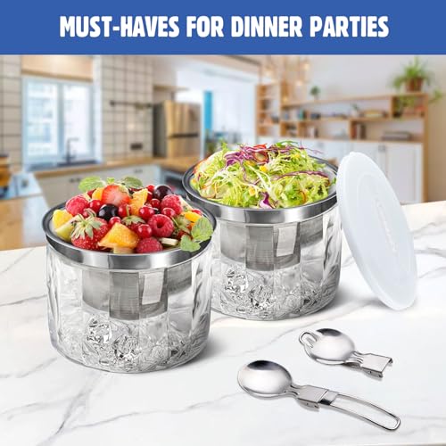 LIMOEASY Small Chilled Serving Bowl 2 Pack, 25oz Ice Chilled Dip Bowl with Lid for Parties, Cold Serving Dish for Hummus, Salsa, Guacamole, Sauces, Pasta